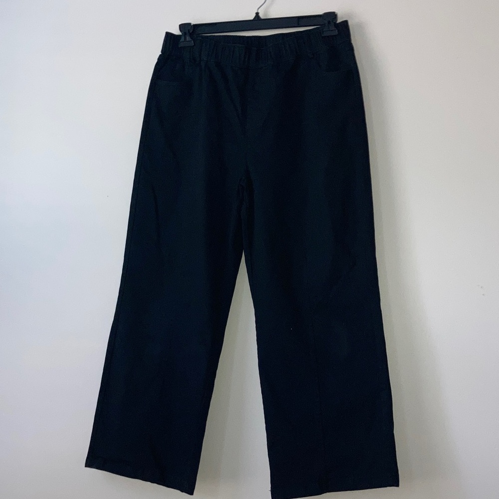 Black Pull On Slight Barrel Wide Leg Cropped Pants Elastic Waist Size Large